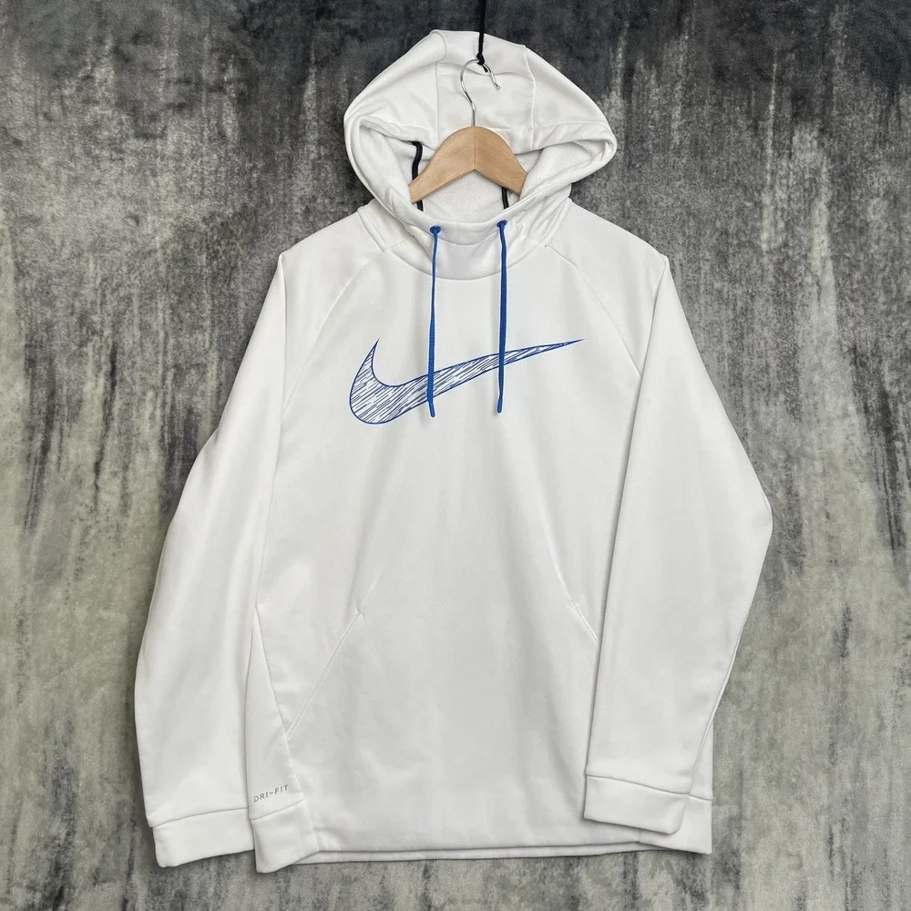 Nike Big Center Embroidered Blue Swoosh White Hoodie‎ Sweatshirt Medium